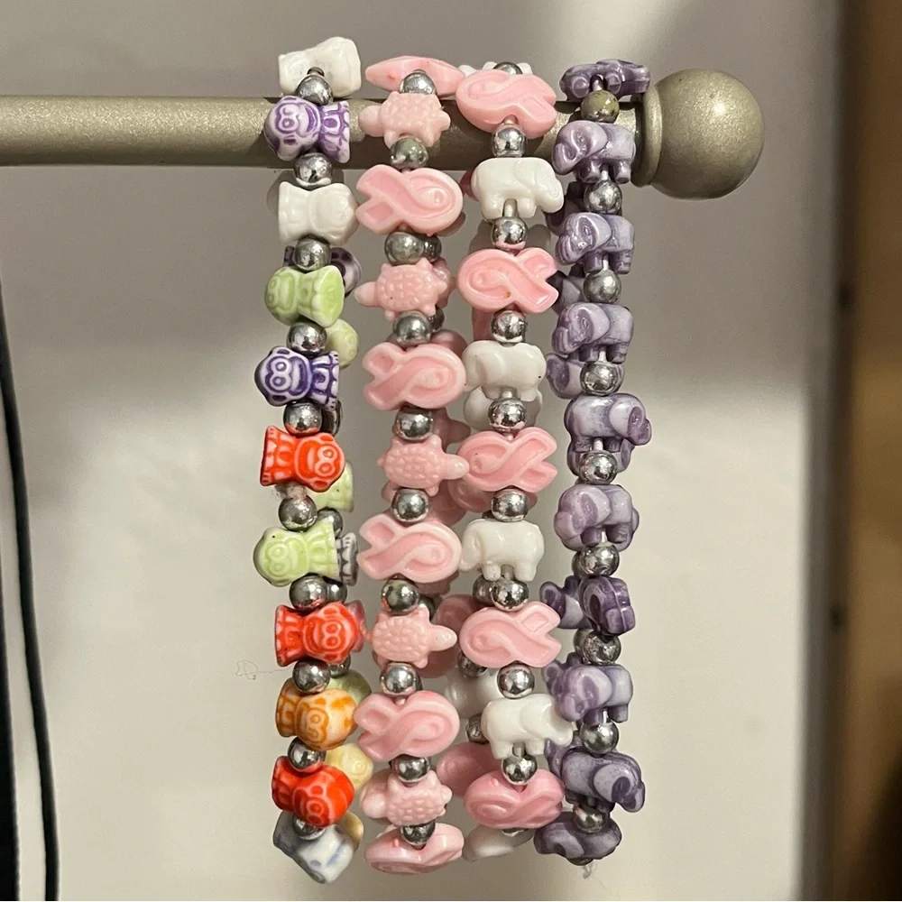 Trrtlz Collectible Beaded Stretch Bracelets -Monkey Elephant Turtle Pink Ribbons